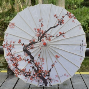 Traditional Japanese Parasol – UV Protection – Plum Motif with Wooden Handle – Women's Sun Umbrella
