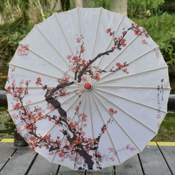 Traditional Japanese Parasol – UV Protection – Plum Motif with Wooden Handle – Women's Sun Umbrella