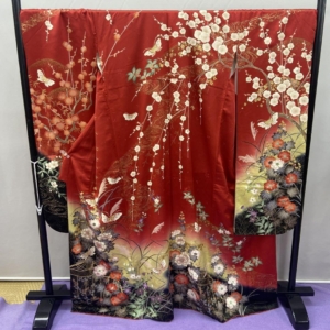 Elegant Red Furisode Kimono – Cherry Blossoms, Plum, Bellflowers & Butterflies – Pure Silk