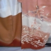 Kimono – Excellent Condition – Pure Silk Rinzu Chirimen Vermilion Brown with Shaded Hem, Dew and Grass with Floral Stem Pattern – Includes Basting Thread - Image 6
